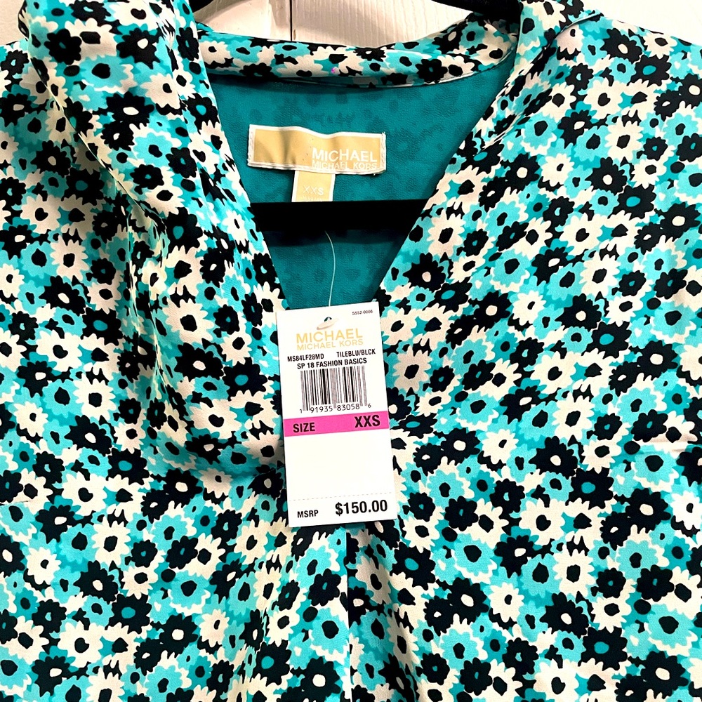 Michael Kors silk floral-print tie-neck blouse Size XXS original $150